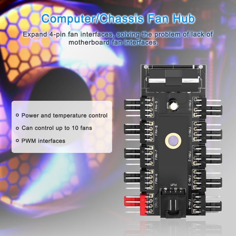ELECTOP PC Chassis Fan Hub CPU Cooling HUB 10 Port 12V 4 Pin Fan PWM Hub Molex Controller - Image 2